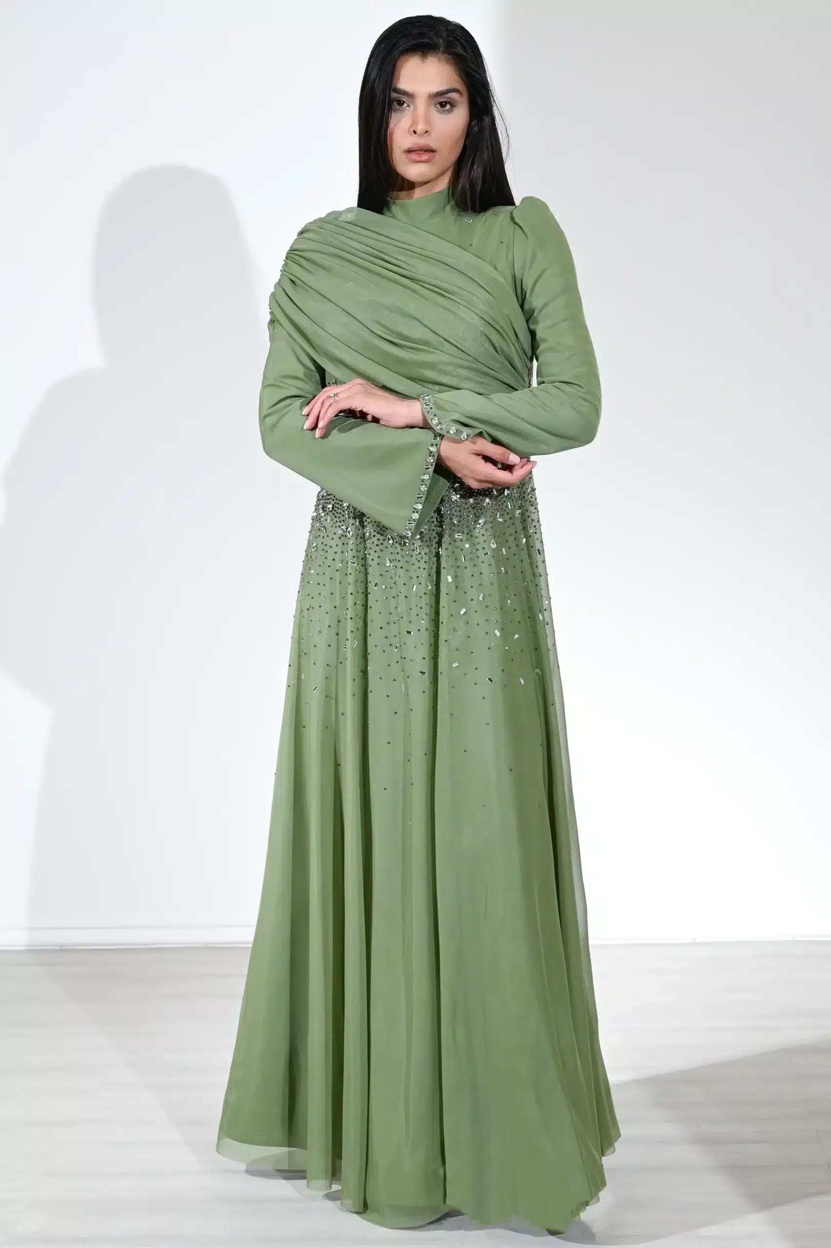 Draped Shoulder Scattered Crystal Dress