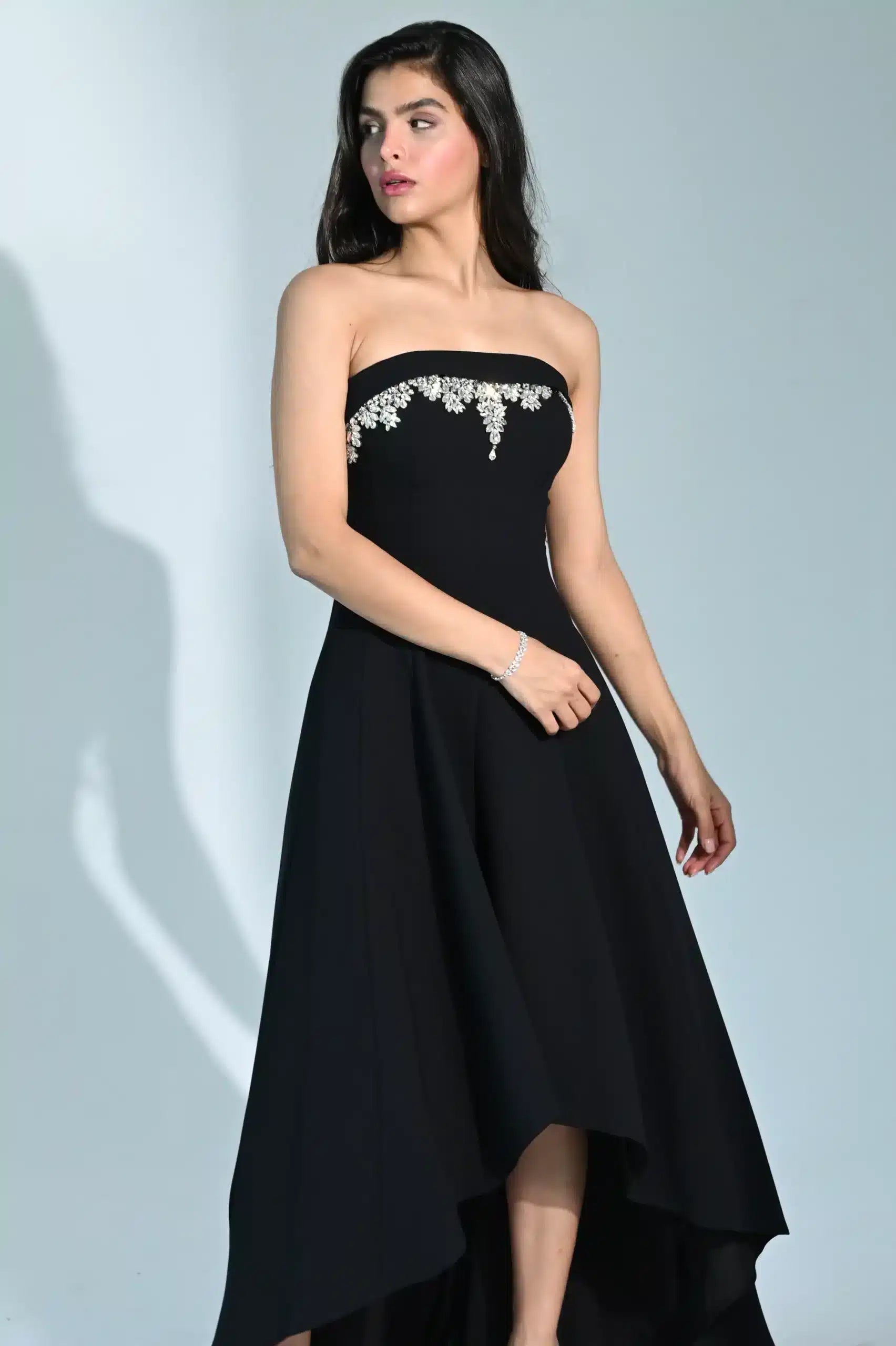 Embellished Bust High Low Crepe Dress