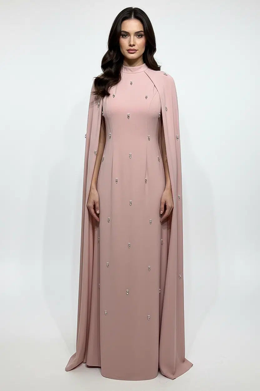 Embellished Cape Crepe Dress