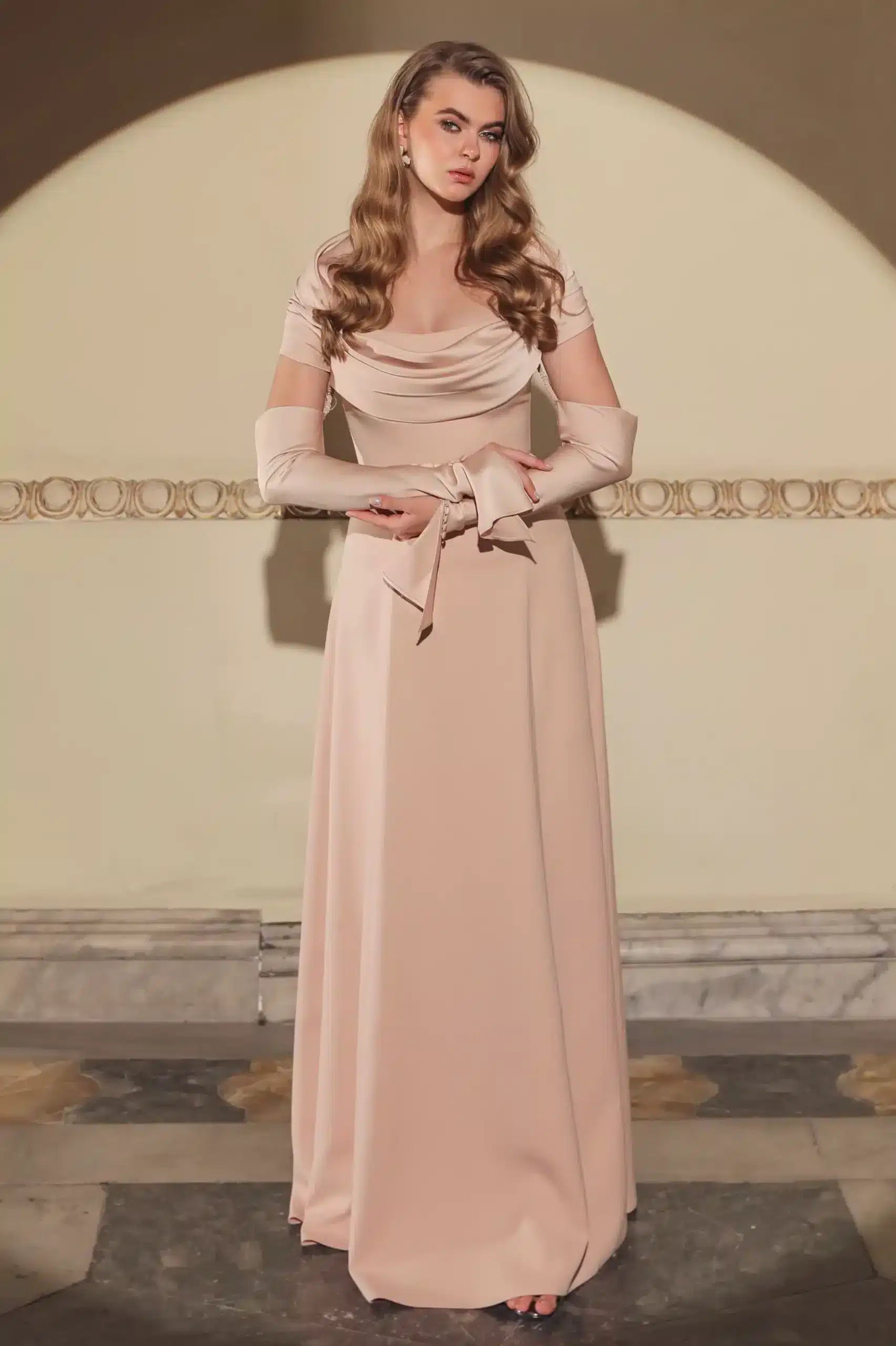 Draped Off Shoulder Crepe Dress