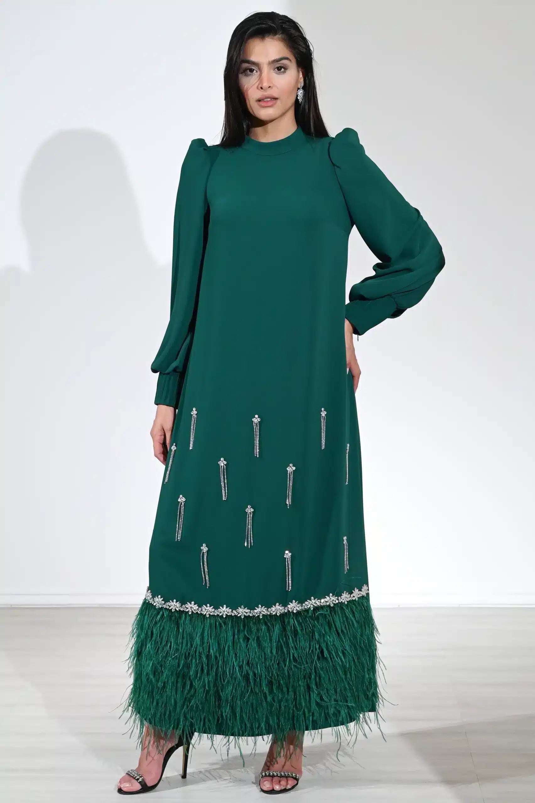 Feathers Crystal Detail Crepe Jalabiya