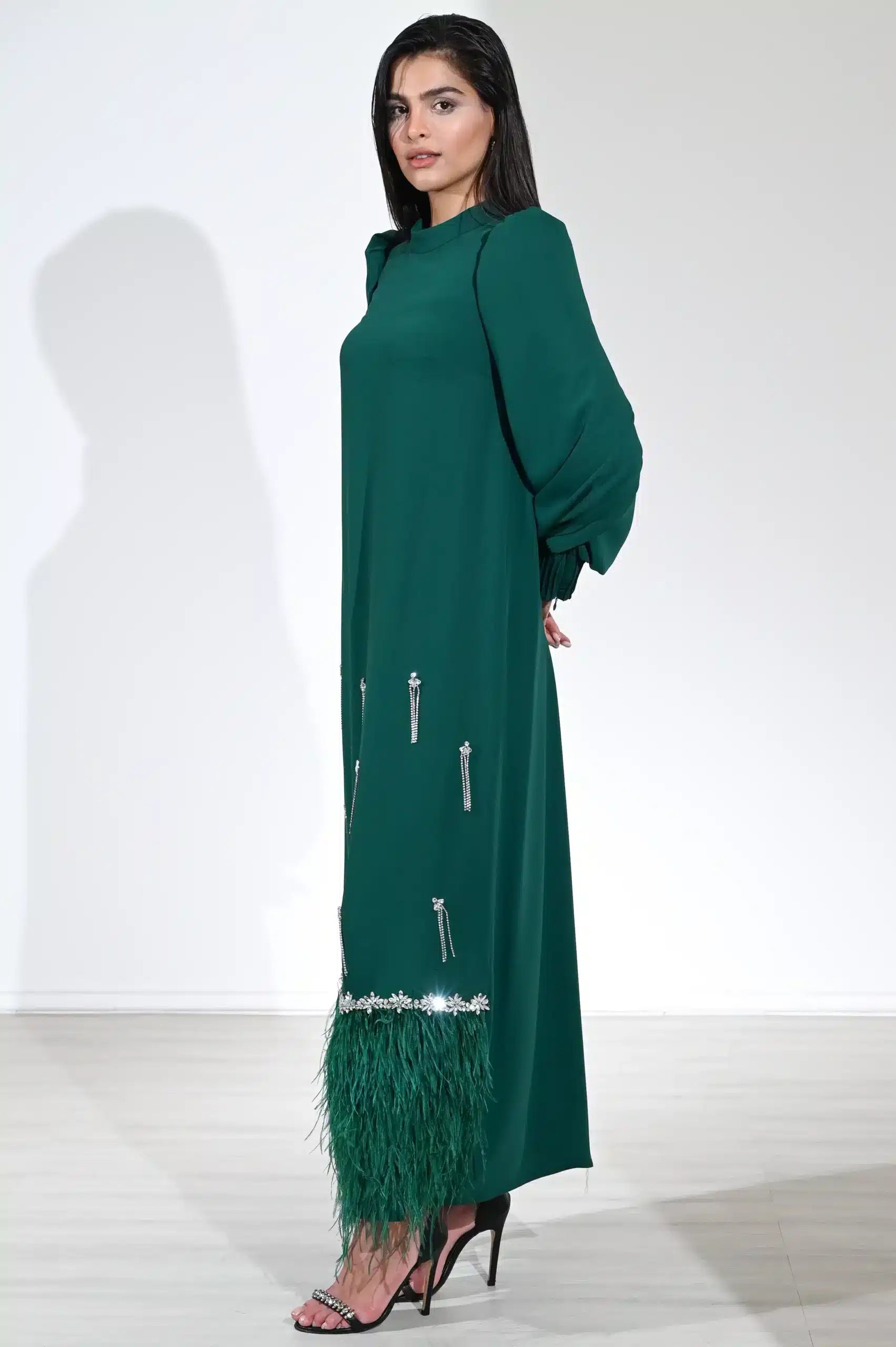 Feathers Crystal Detail Crepe Jalabiya