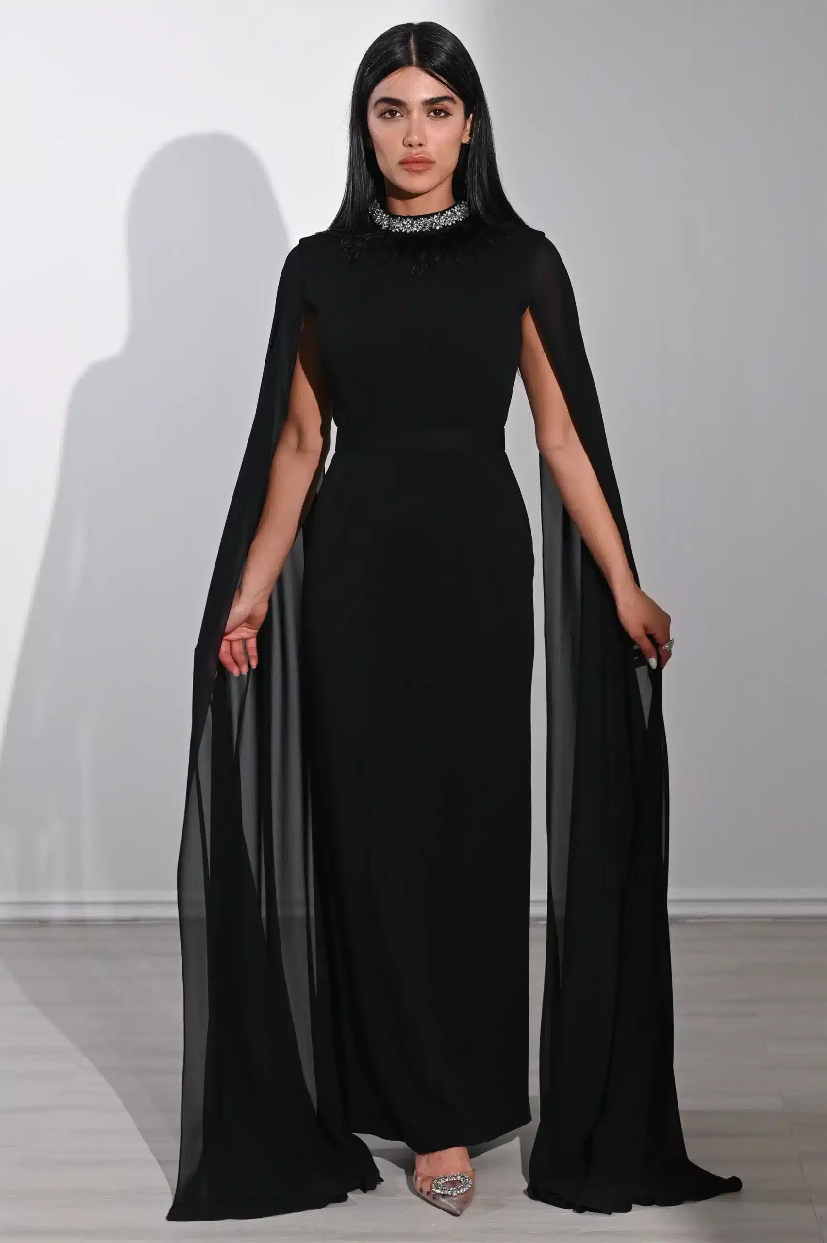 Feather Neck Flute Sleeve Crepe Dress