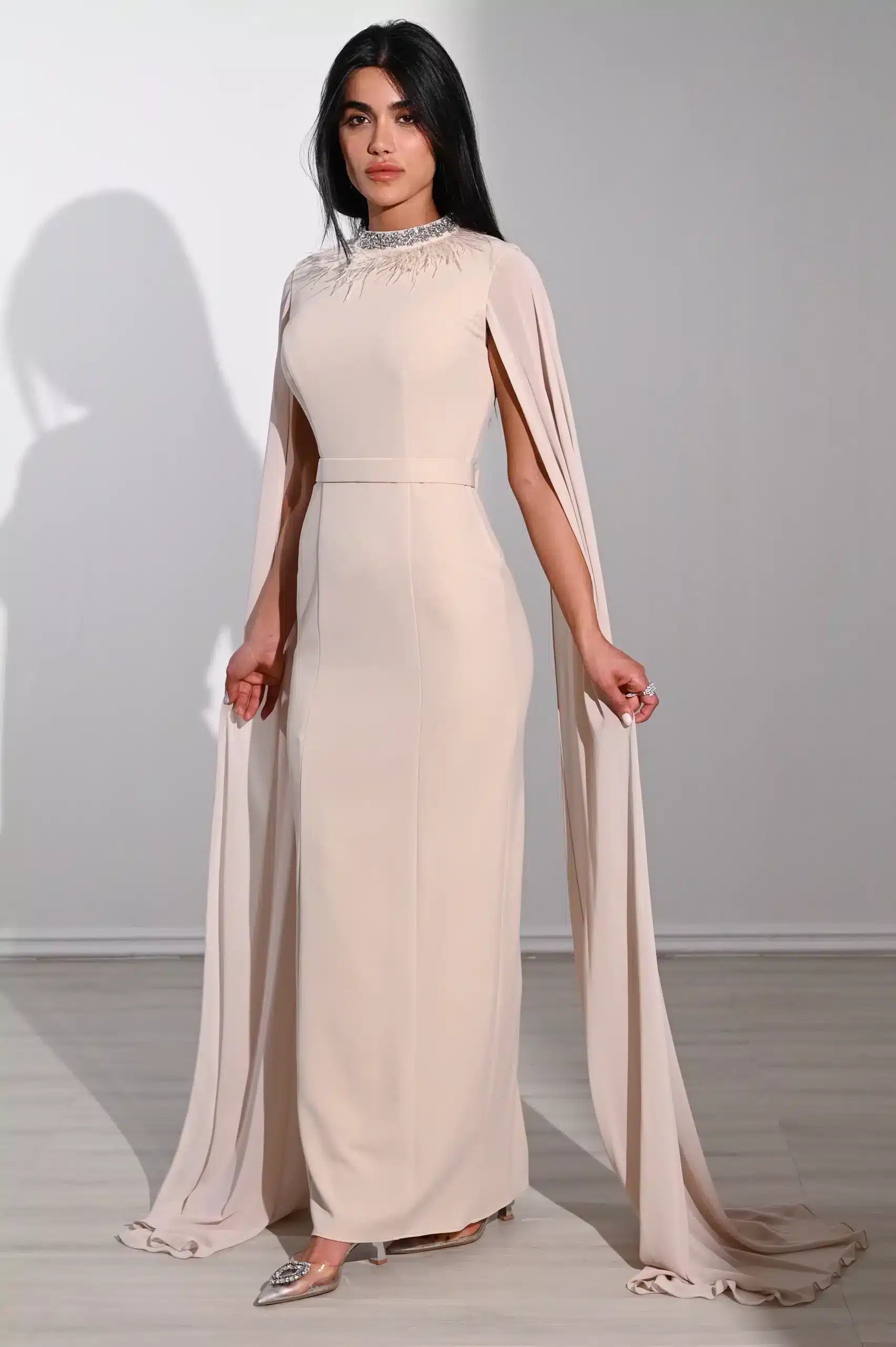 Feather Neck Flute Sleeve Crepe Dress