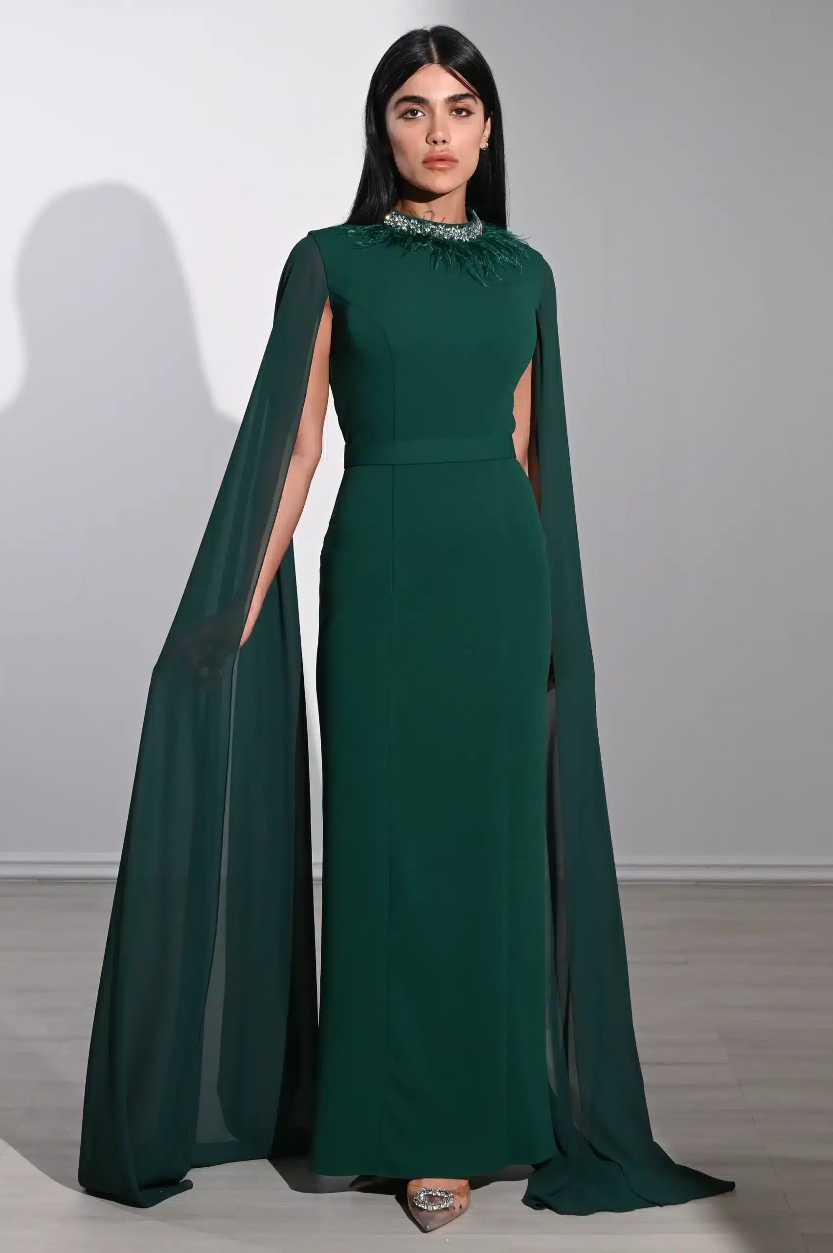Feather Neck Flute Sleeve Crepe Dress