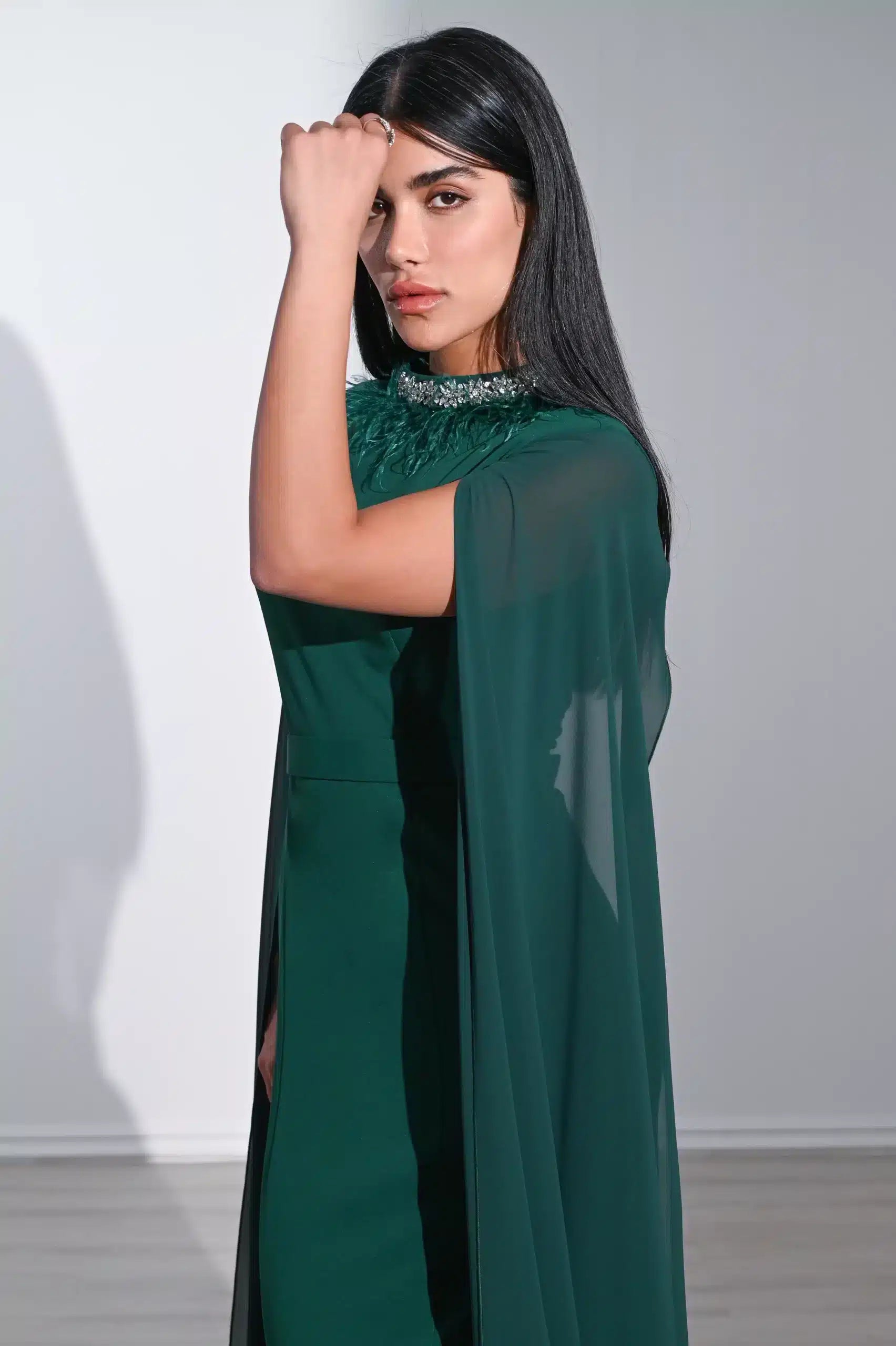 Feather Neck Flute Sleeve Crepe Dress