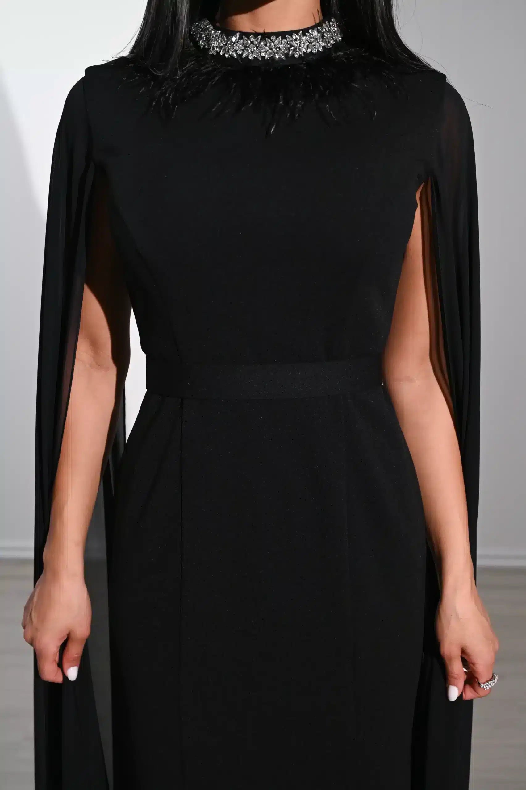 Feather Neck Flute Sleeve Crepe Dress