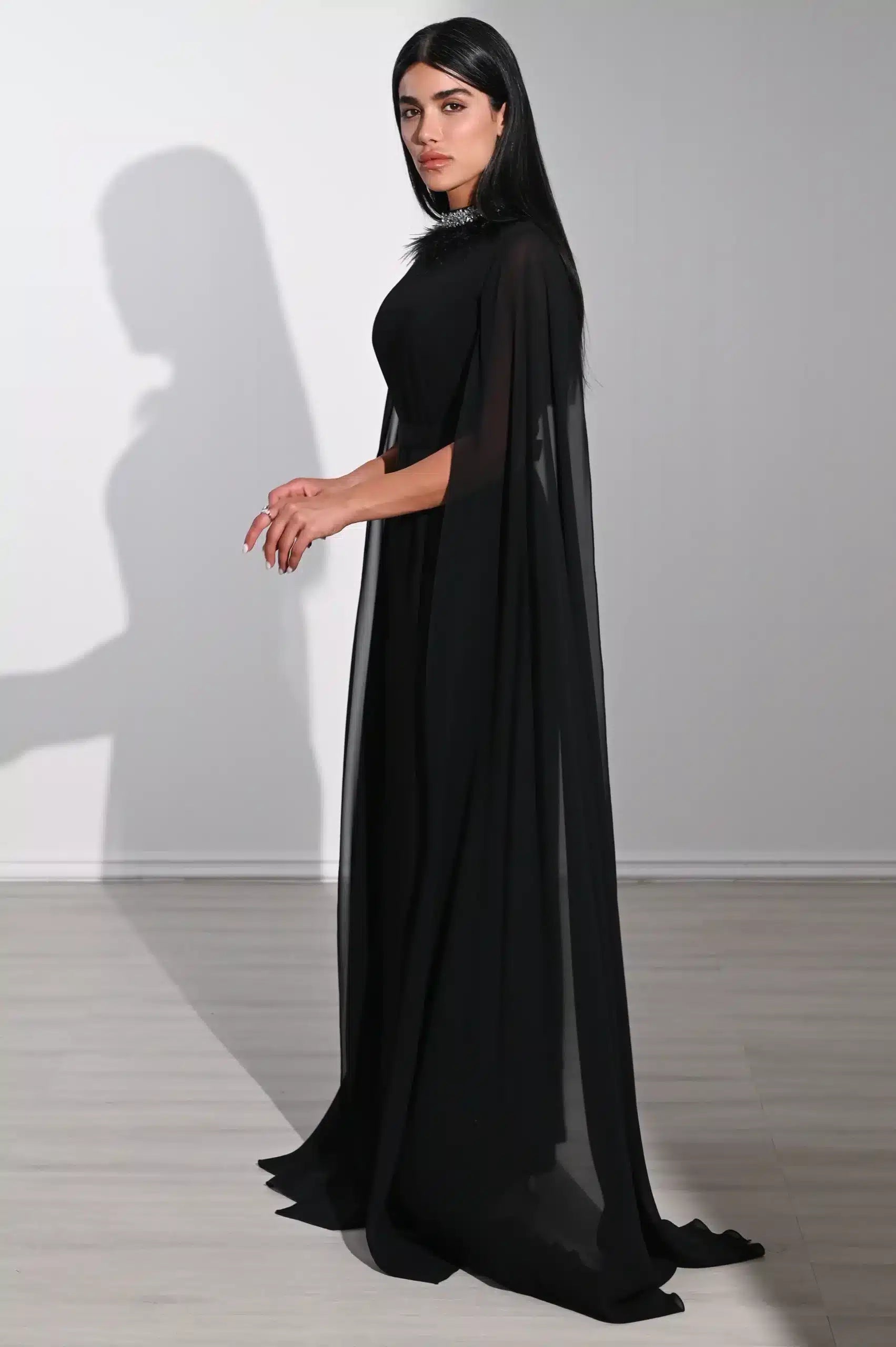 Feather Neck Flute Sleeve Crepe Dress
