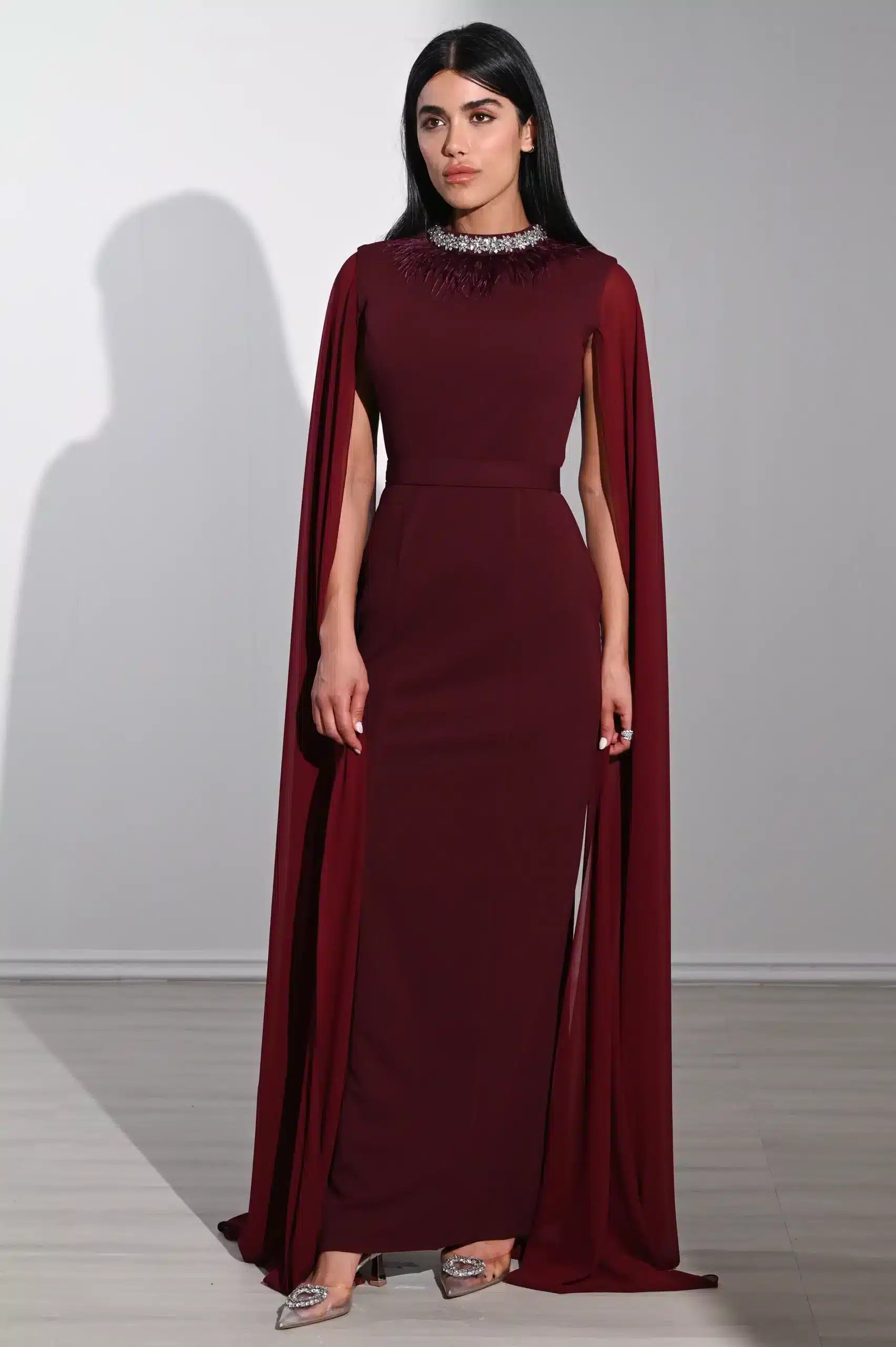 Feather Neck Flute Sleeve Crepe Dress