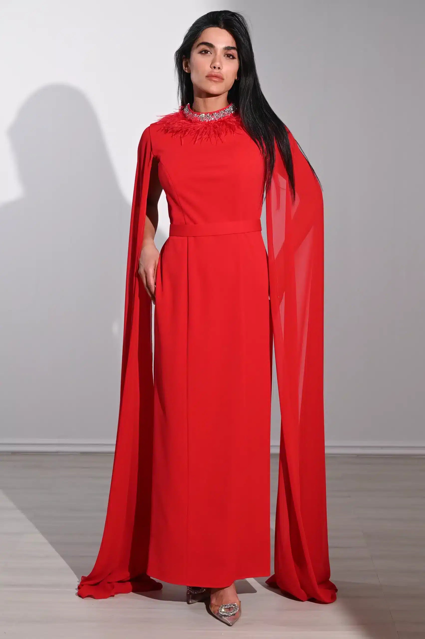 Feather Neck Flute Sleeve Crepe Dress