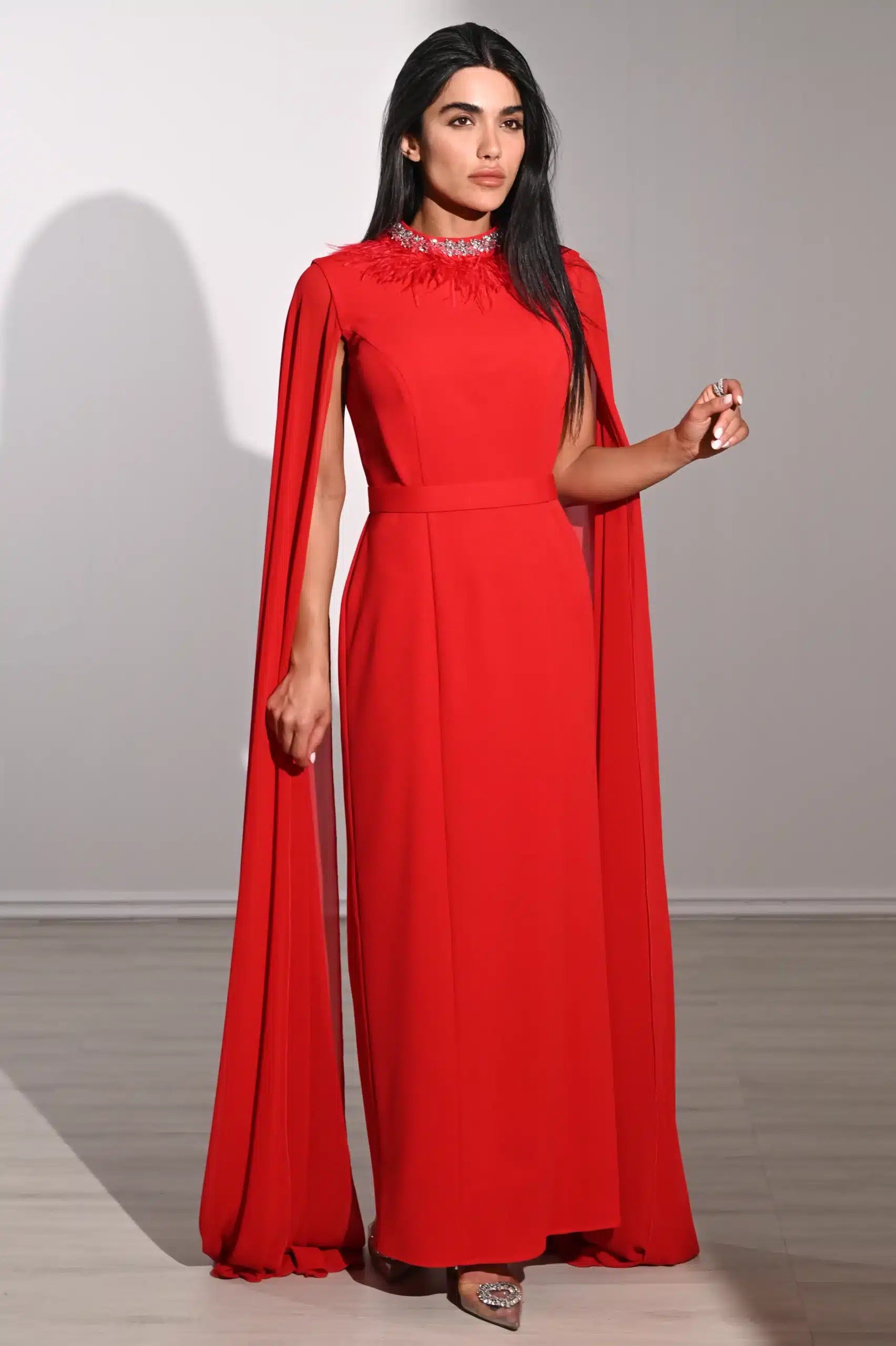 Feather Neck Flute Sleeve Crepe Dress