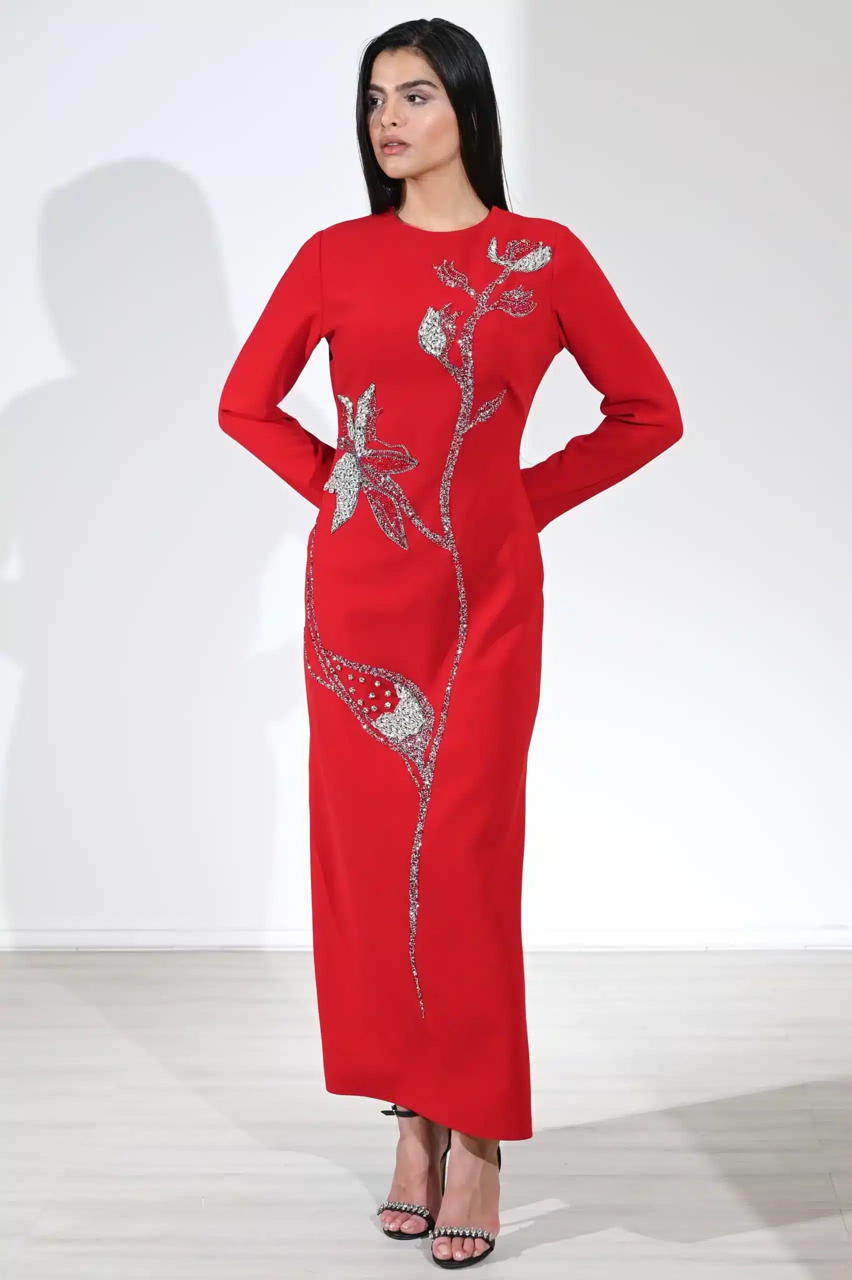 Flower Crystal Details Crepe Dress