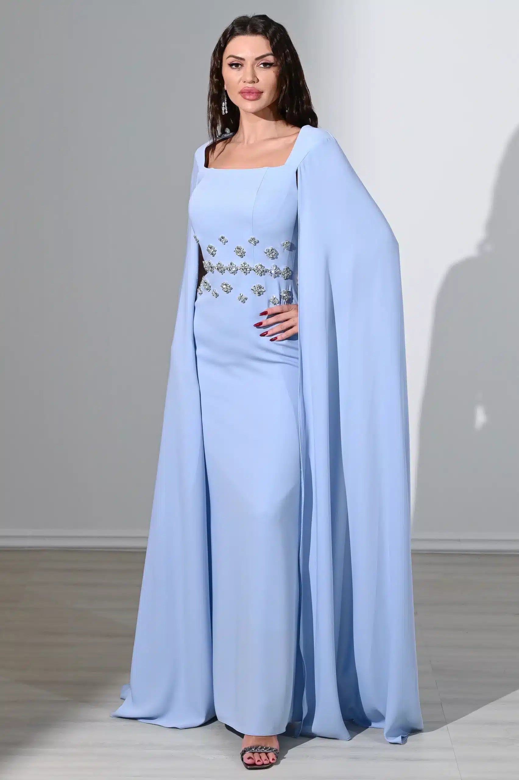 Flute Sleeve Crystal Waist Crepe Dress