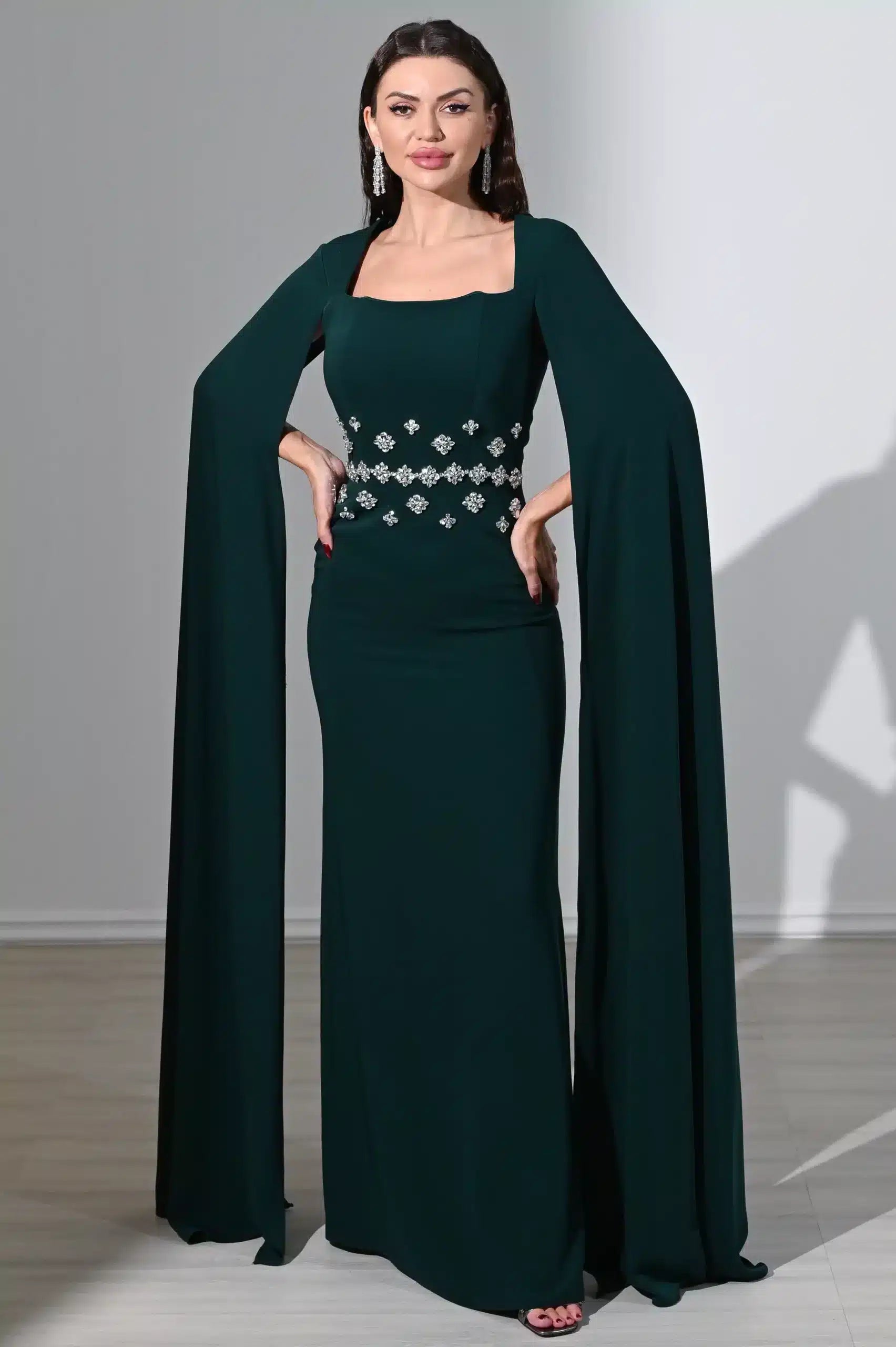 flute sleeve crystal waist crepe dress ED0802 : 695 AED...