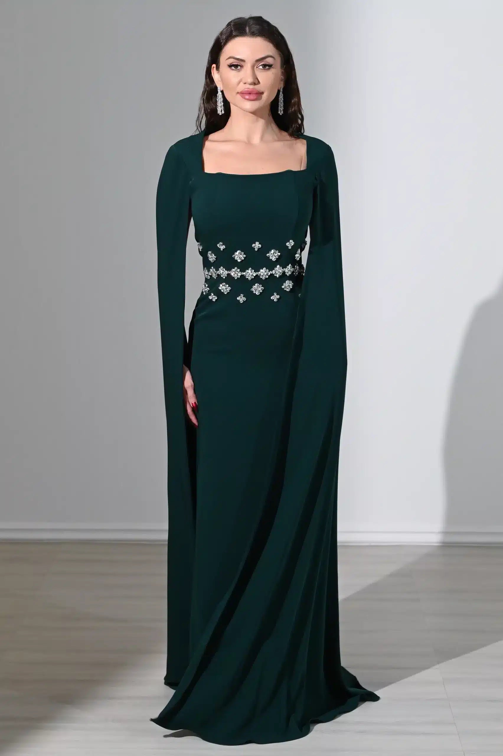 Flute Sleeve Crystal Waist Crepe Dress