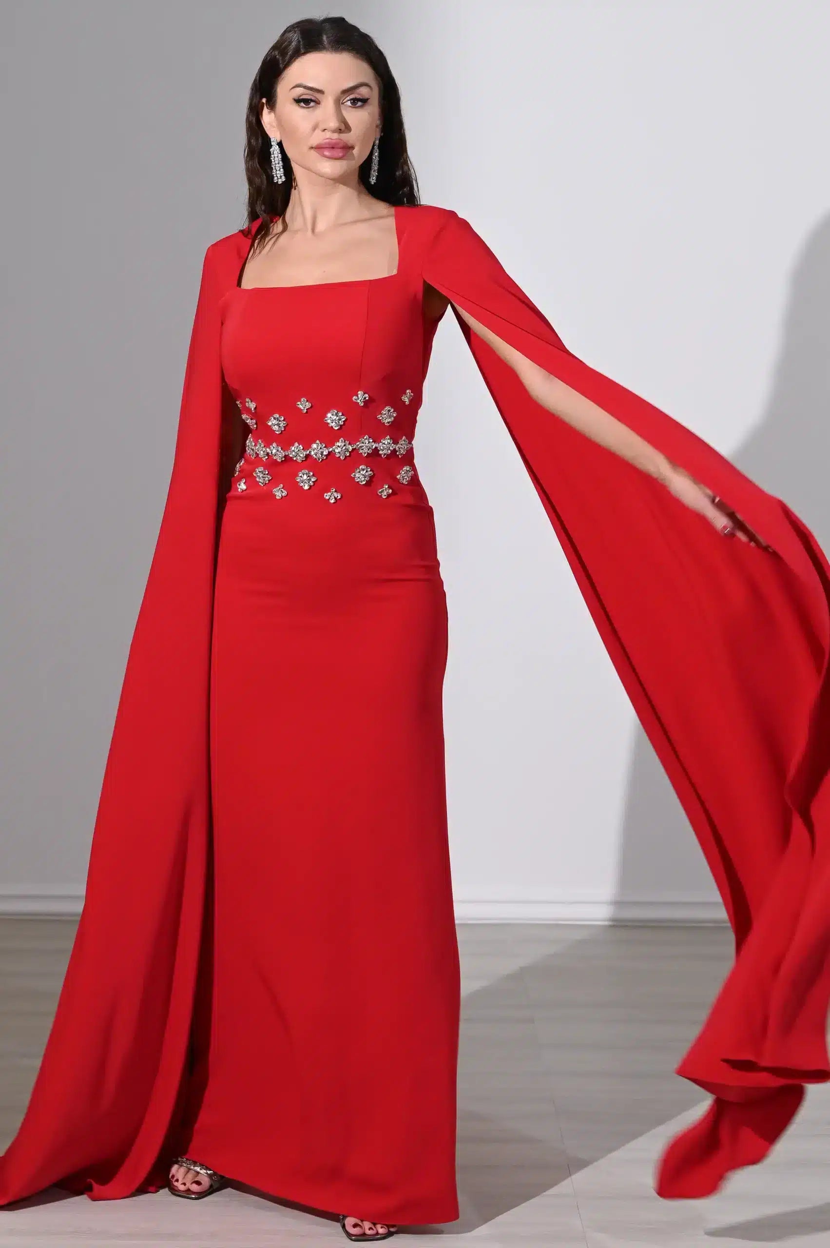 Flute Sleeve Crystal Waist Crepe Dress