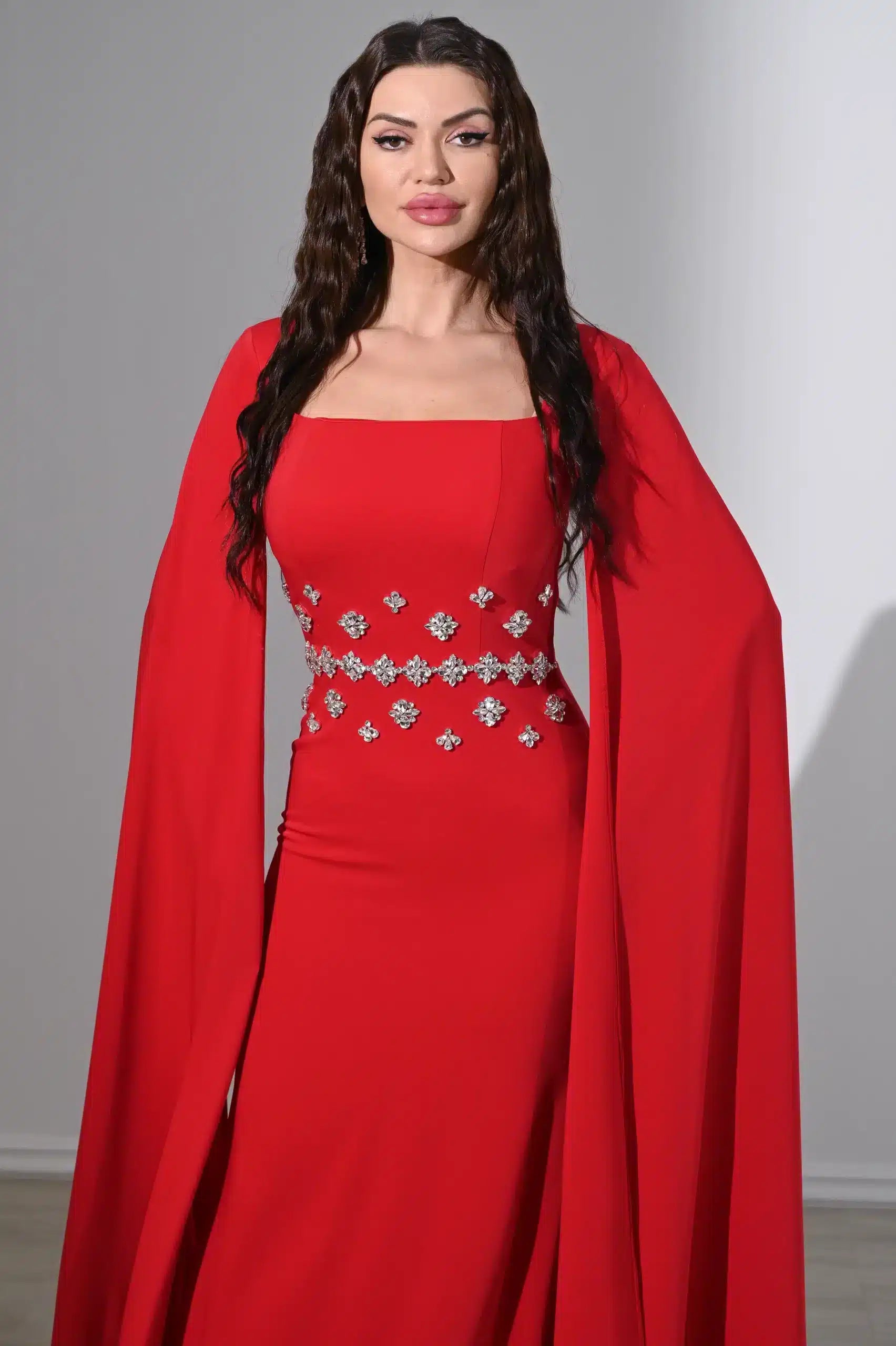 Flute Sleeve Crystal Waist Crepe Dress