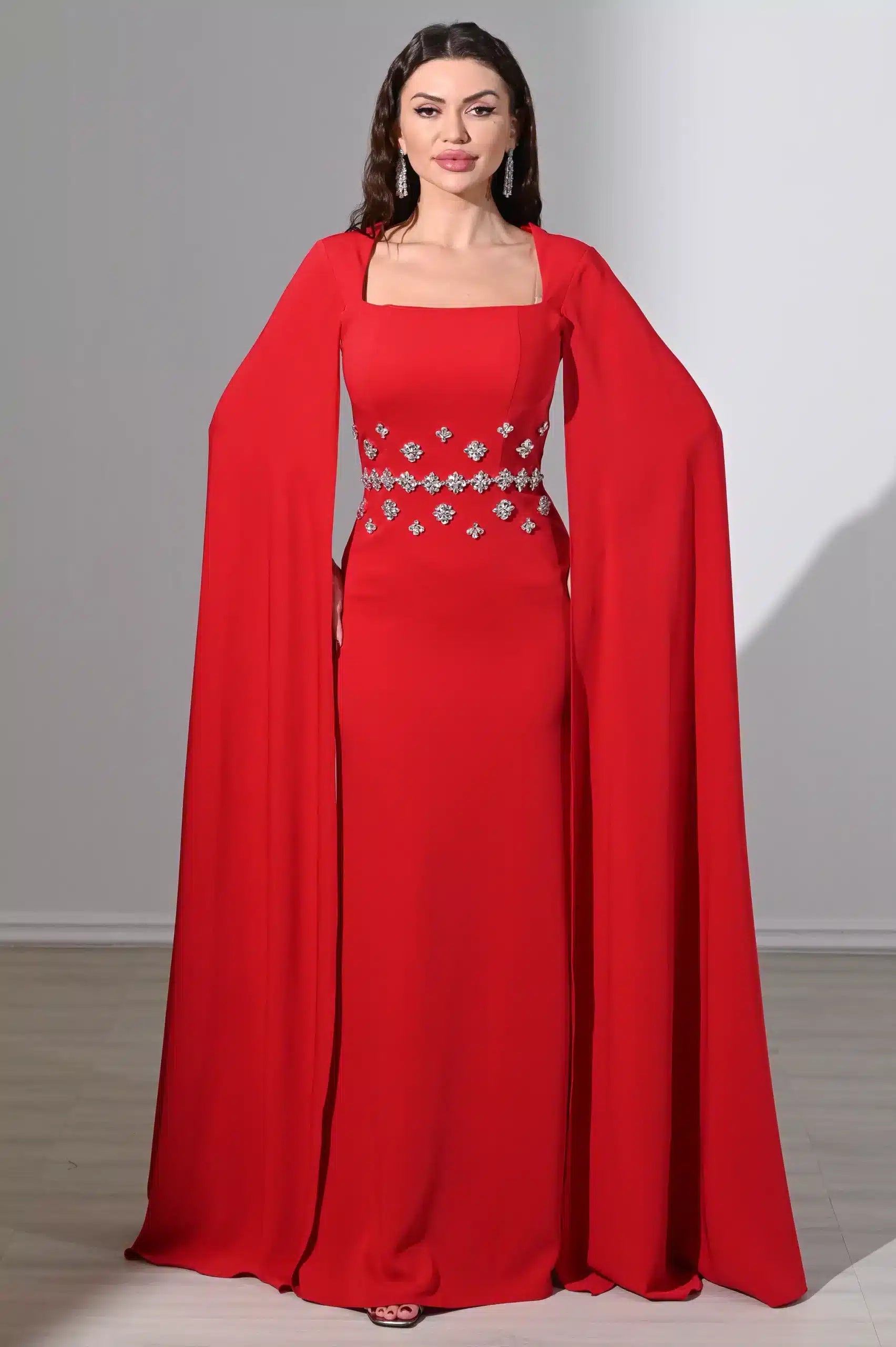 Flute Sleeve Crystal Waist Crepe Dress