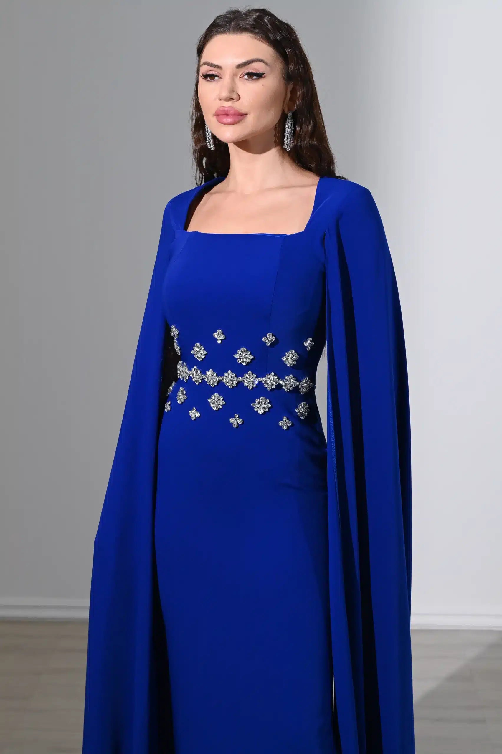Flute Sleeve Crystal Waist Crepe Dress