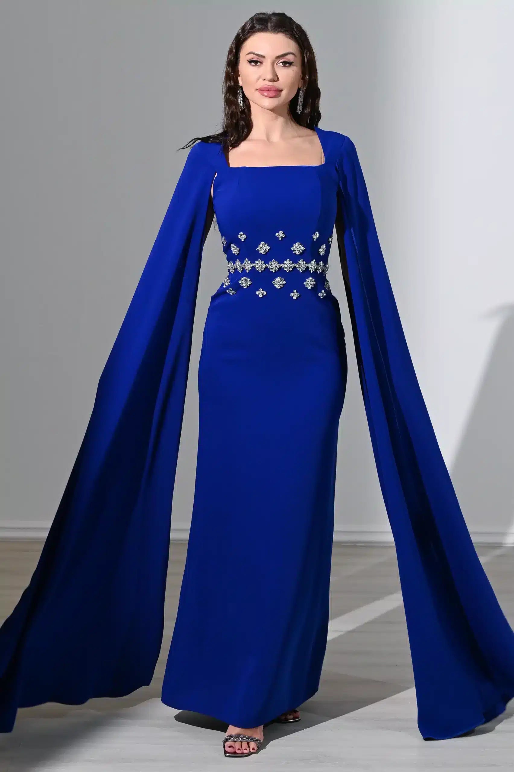 Flute Sleeve Crystal Waist Crepe Dress