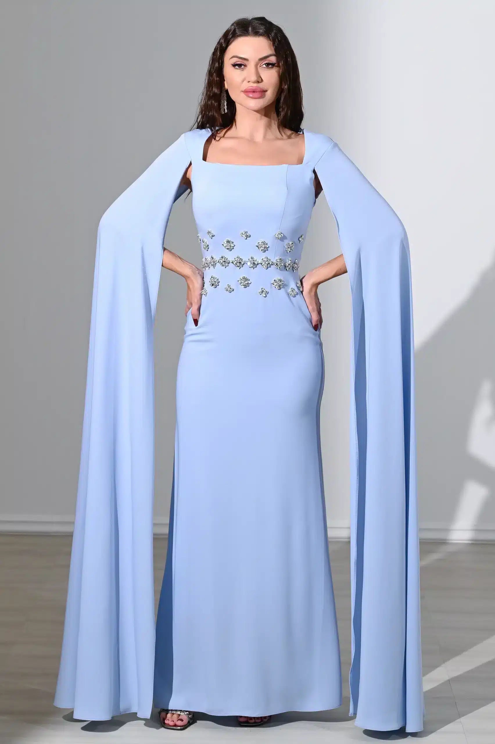 Flute Sleeve Crystal Waist Crepe Dress