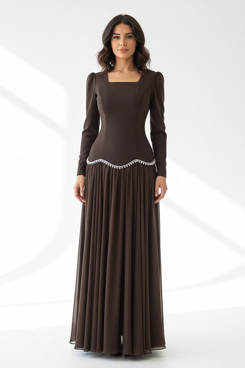 Square Neck Pearls Details Crepe Dress