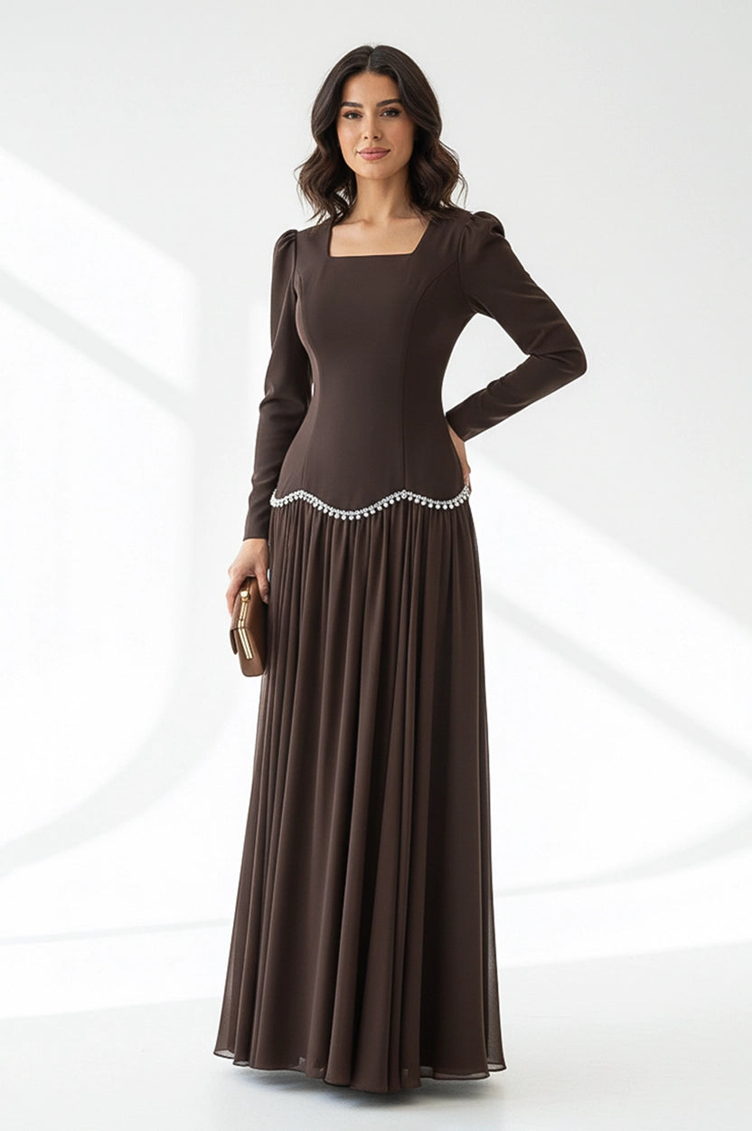 Square Neck Pearls Details Crepe Dress