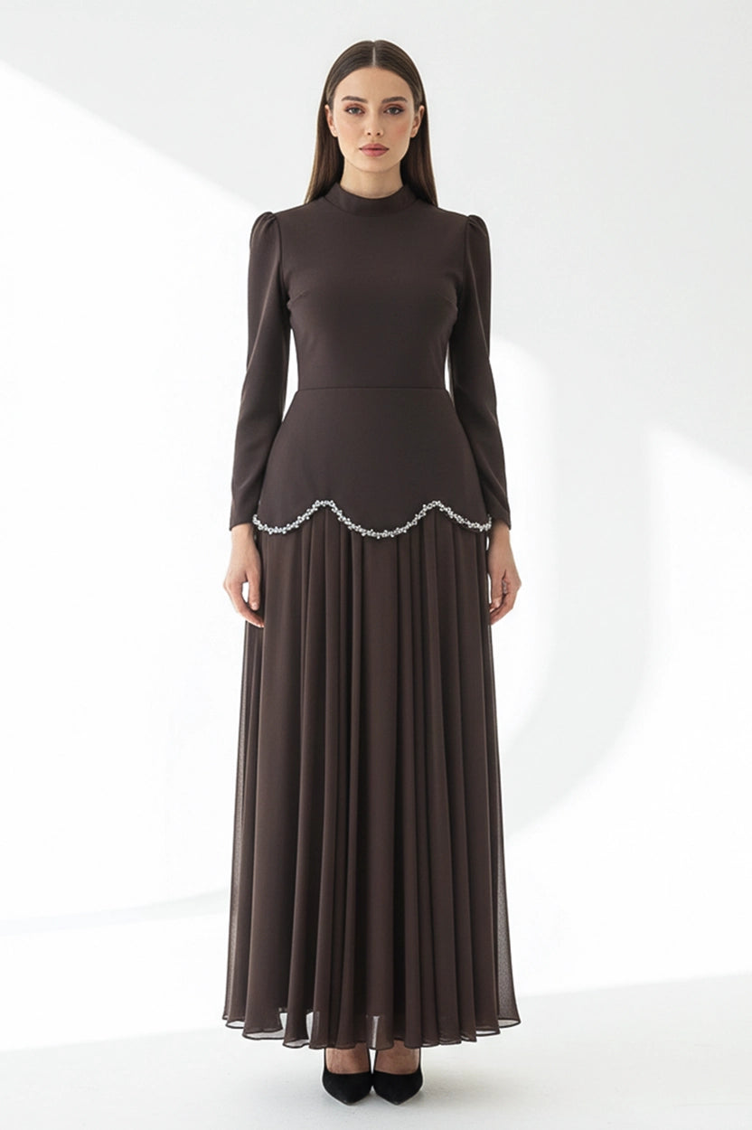 Crystal Detail Pleated Chiffon Dress