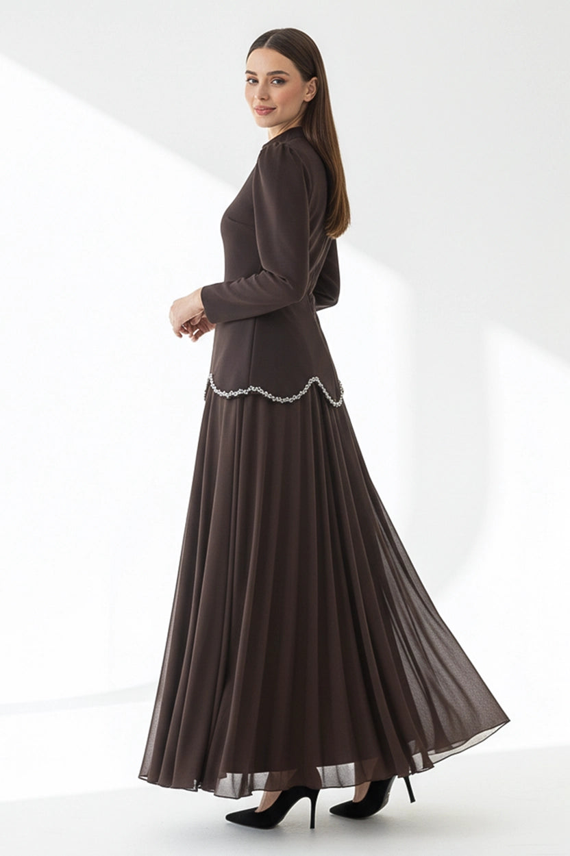 Crystal Detail Pleated Chiffon Dress