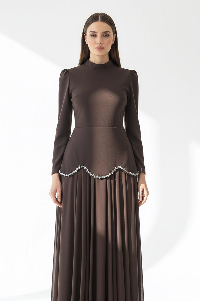 Crystal Detail Pleated Chiffon Dress