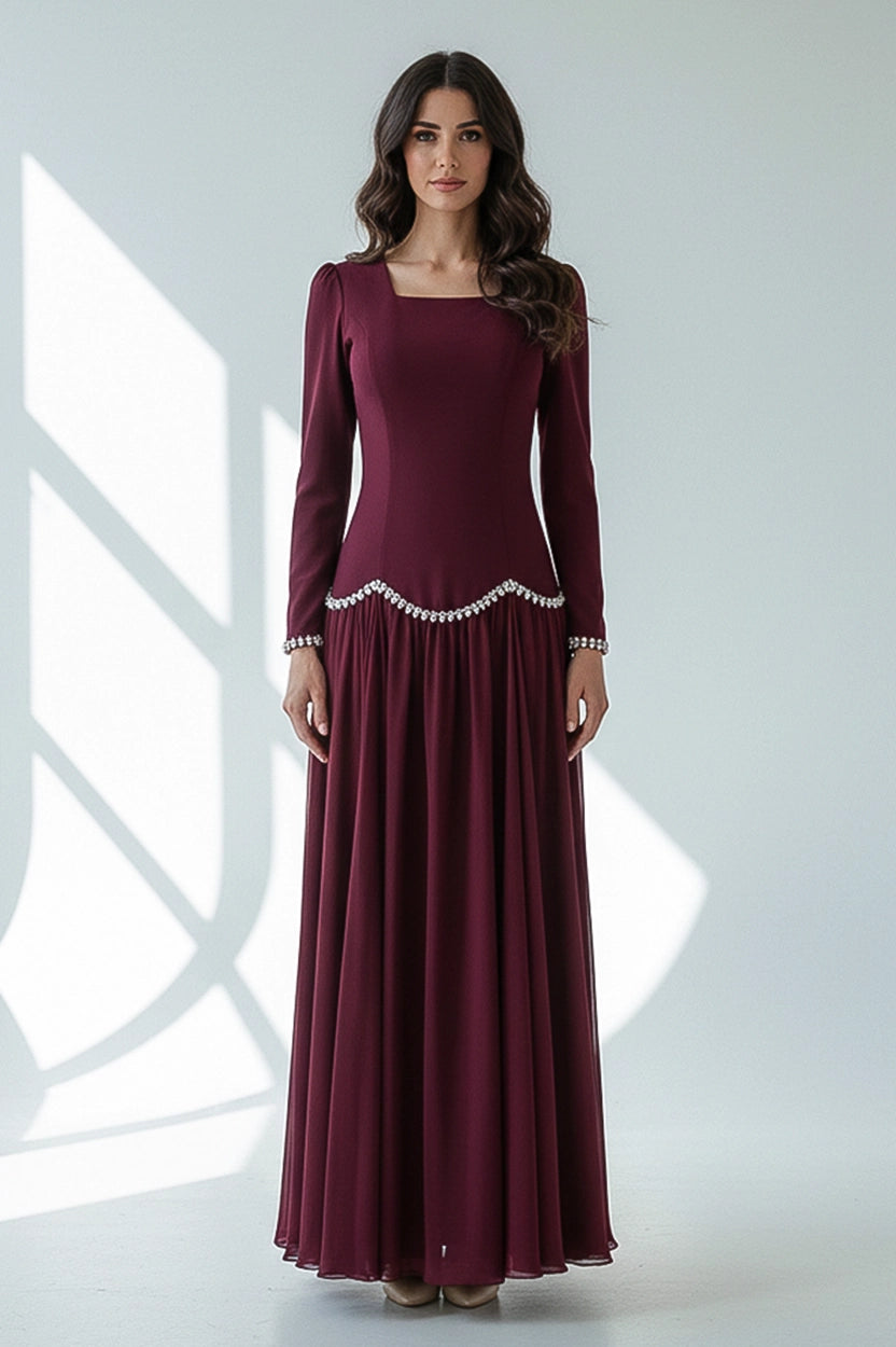 Square Neck Pearls Details Crepe Dress