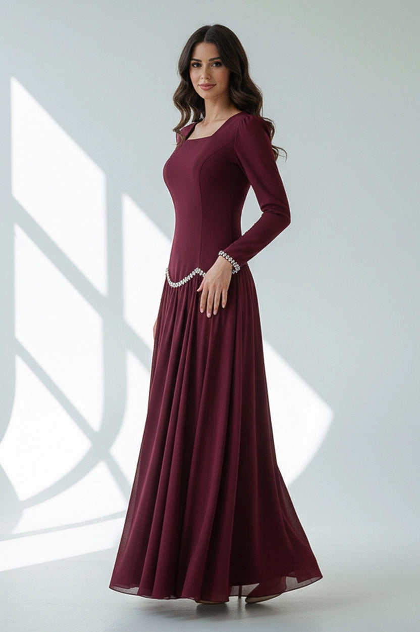 Square Neck Pearls Details Crepe Dress