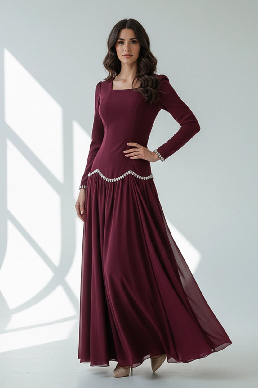 Square Neck Pearls Details Crepe Dress