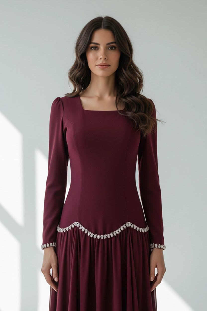Square Neck Pearls Details Crepe Dress