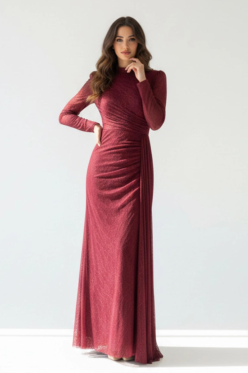 High Neck Draped Side Tail Dantel Dress