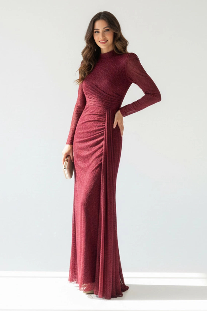 High Neck Draped Side Tail Dantel Dress