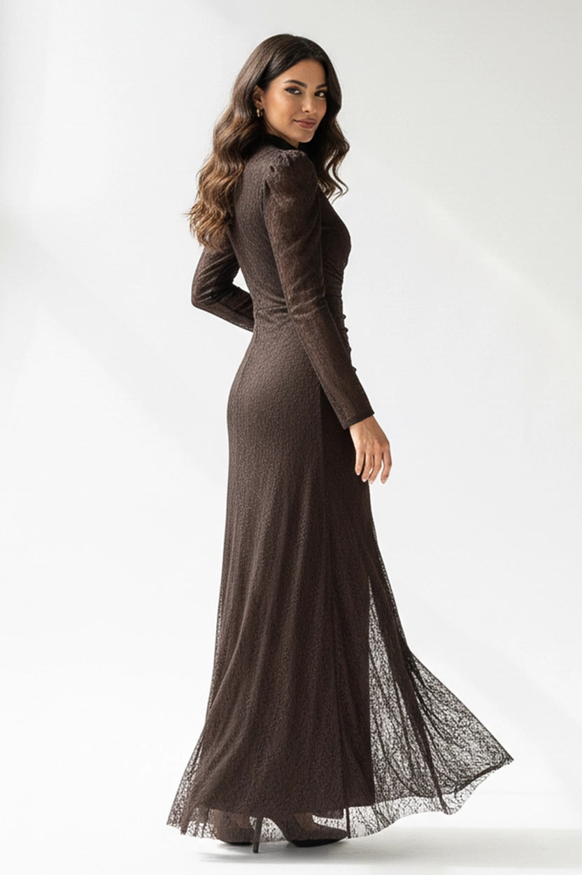 High Neck Draped Side Tail Dantel Dress