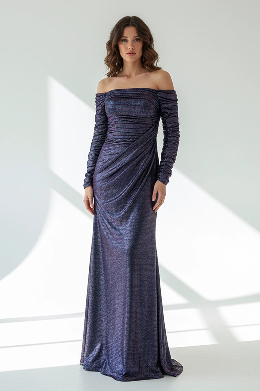 Pleated Off Shoulder Lame Dress