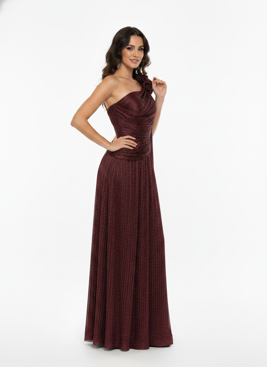Rose Detail One Shoulder Lame Dress