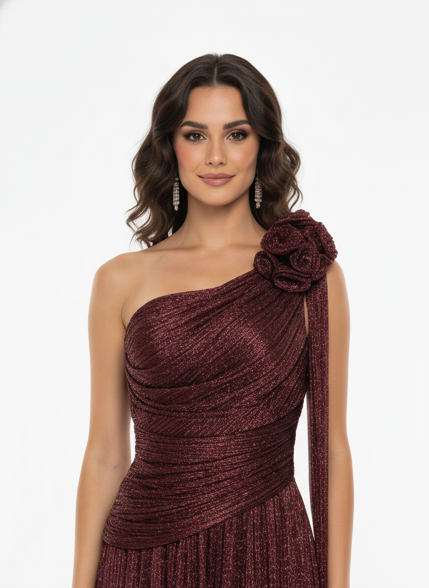 Rose Detail One Shoulder Lame Dress
