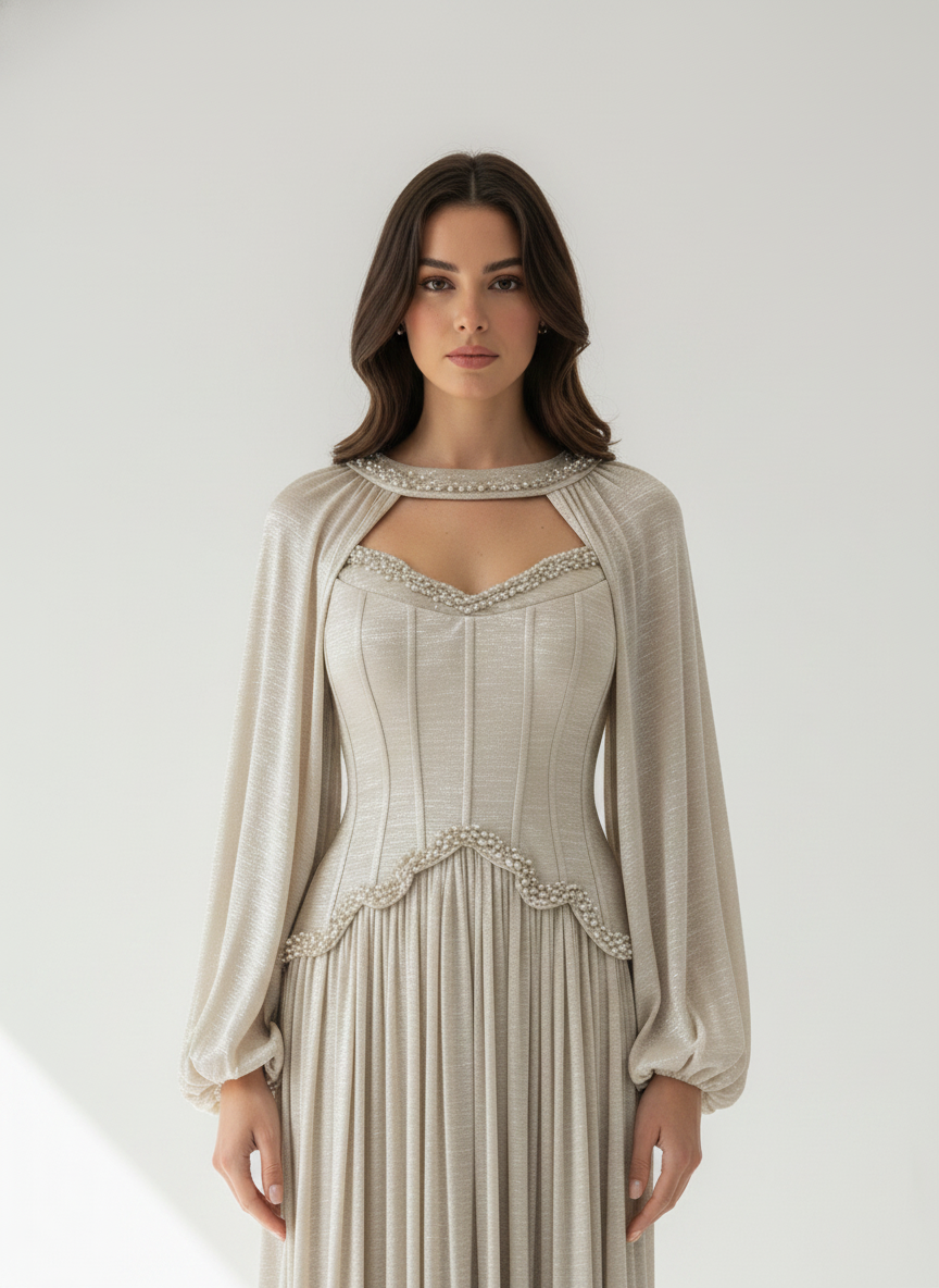 Pearl Details Corset Crepe Dress