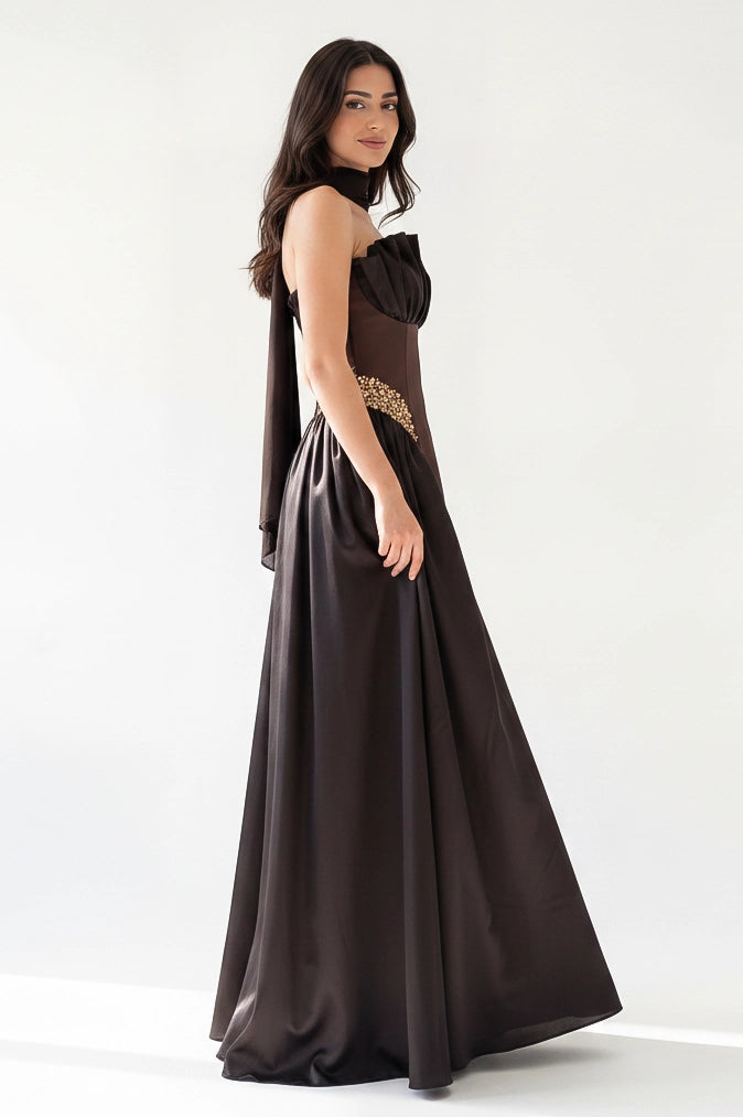 Gathered Bust Beaded Waist Crepe Dress