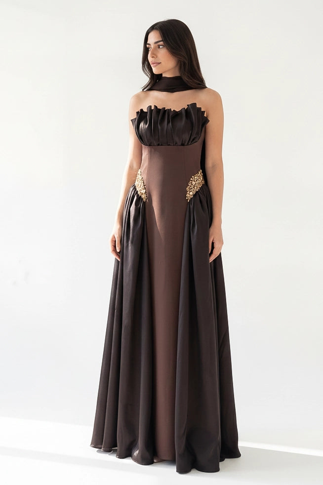 Gathered Bust Beaded Waist Crepe Dress