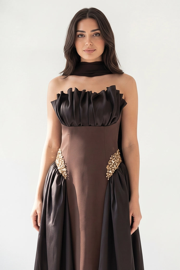 Gathered Bust Beaded Waist Crepe Dress