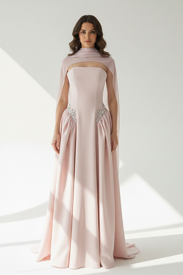 Strapless Crystal Waistline Crepe Dress