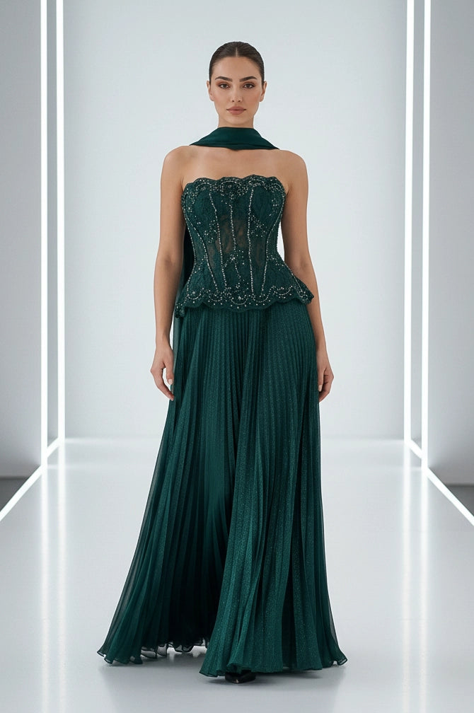 Beaded Corset 2PCS Plisse Skirt
