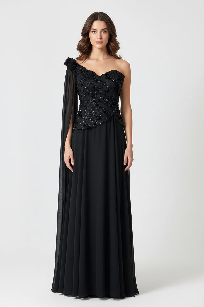 Sequin Dantel Shawl Plisse Chiffon Dress