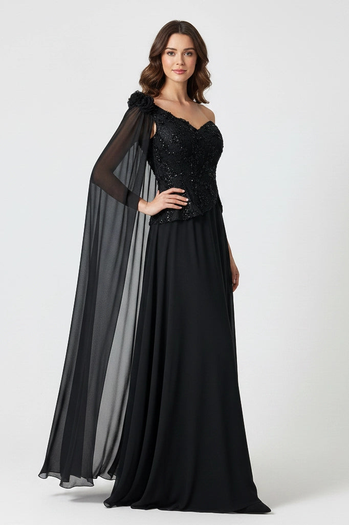 Sequin Dantel Shawl Plisse Chiffon Dress