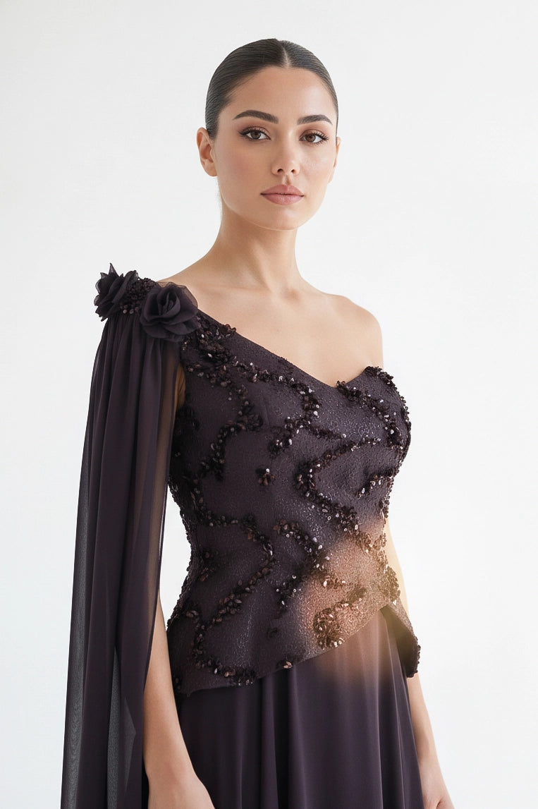 Sequin Dantel Shawl Plisse Chiffon Dress
