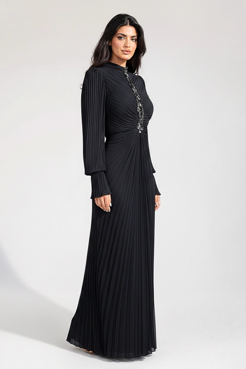Beaded Bustling Plisse Chiffon Dress